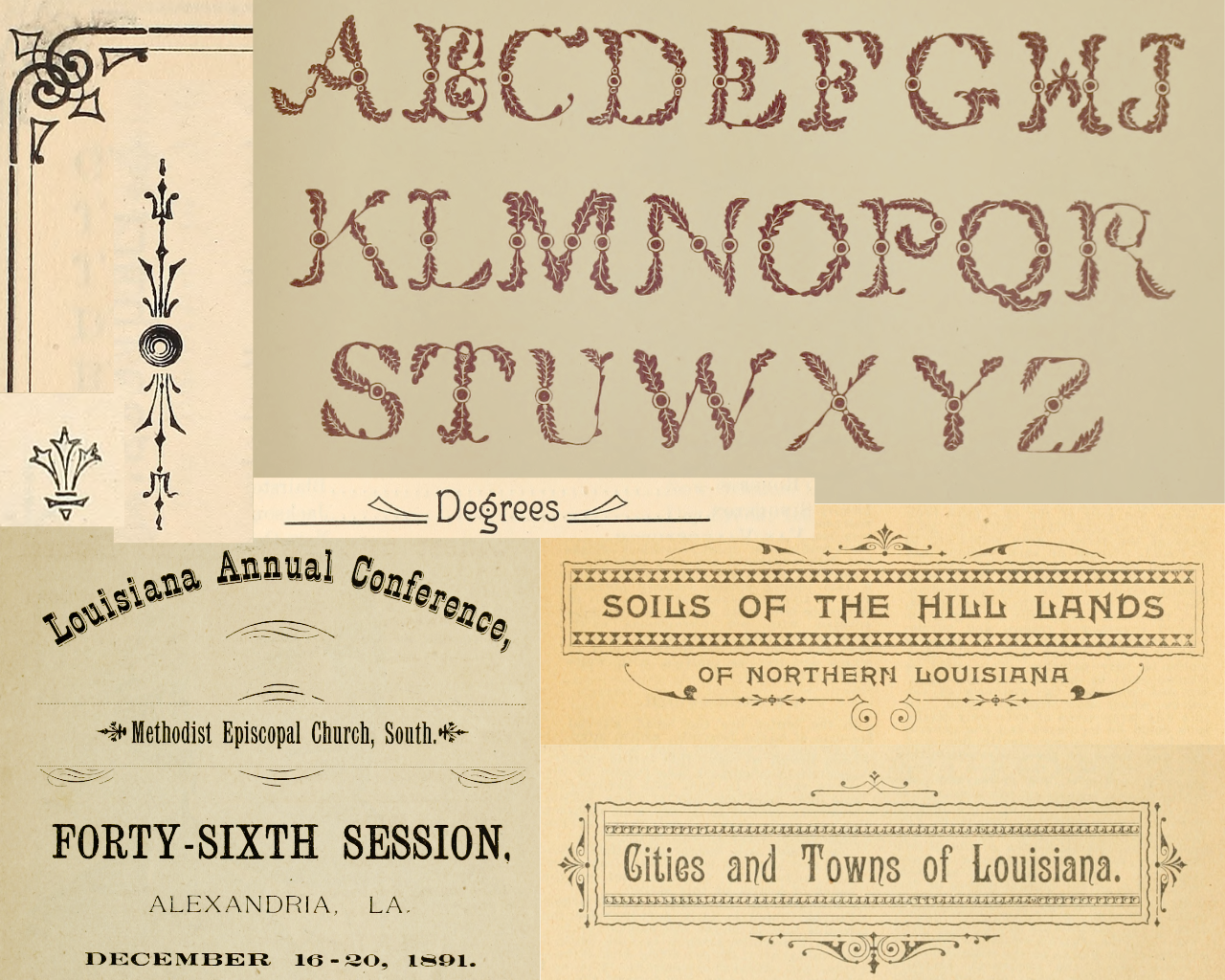 A selection of graphical flourishes and fonts from various books, including "Soils of the Hill Lands"