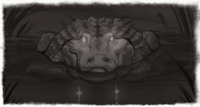 An illustration of a crocodile by Sara Belote. The eyes blink as it peers up at you half-submerged.