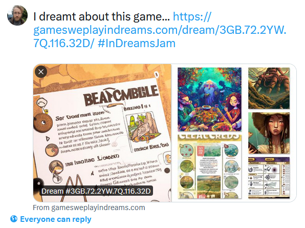 A tweet reading "I dreamt about this game..." and six inspirational images.